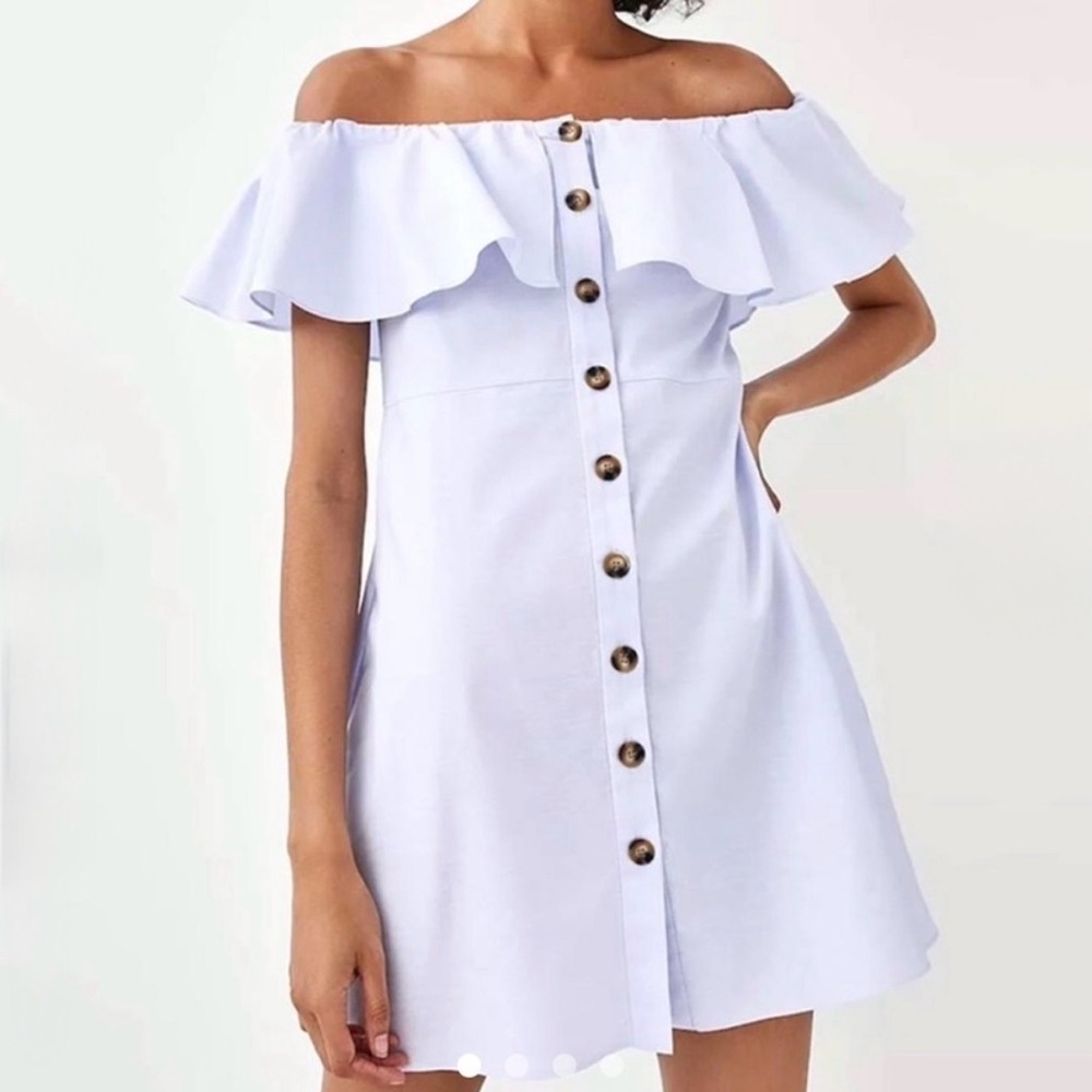 ZARA RUFFLE OFF THE SHOULDER BUTTON MINI DRESS